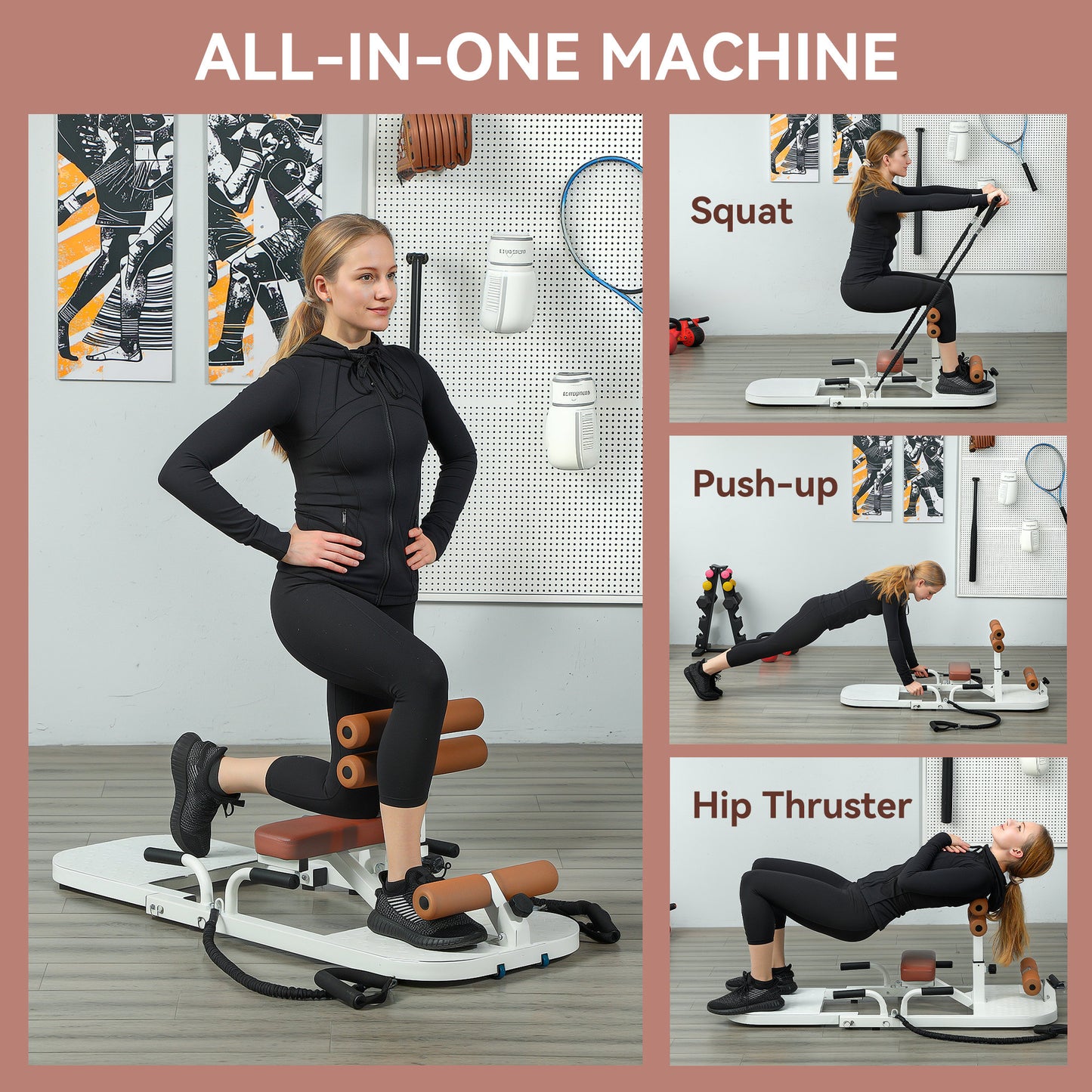 Foldable Sissy Squat Machine, Hip Thrust Machine with Push Up Stand, Multipurpose Glute Workout Equipment, White